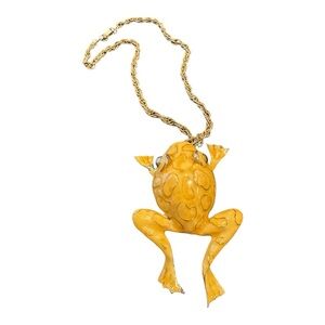 Vintage Large Enamel Frog Pendant Necklace Gold Tone Retro Statement J12
